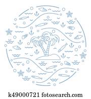 かわいい ベクトル イラスト で Fish 島 で ヤシの木 錨 波 貝殻 ヒトデ 取り決められた 中に A Circle クリップアート K Fotosearch