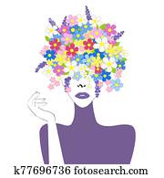 abstrakt, stilisiert, frau, mit, blume, in, sie, kopf abstrakt, stilisiert, frau, mit, blume, in, sie, kopf