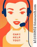 centro chiamata, operatore, con, cuffia, poster., cliente, servizi, e, comunicazione, sostegno cliente, telefono, assistance.