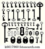 silhouetten, von, alt, schlüssel