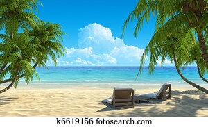 Two beach chairs on idyllic tropical white sand beach