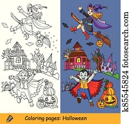 Vector halloween coloring and colored example witch and vampire Vector halloween coloring and colored example witch and vampire