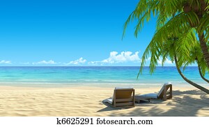 Two beach chairs on idyllic tropical white sand beach