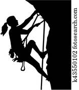 weiblich climber, silhouette, in, seile, ein, a, gestein weiblich climber, silhouette, in, seile, ein, a, gestein