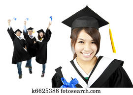 Young smiling graduate asian woman and happy students group