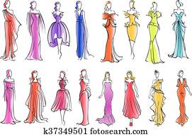 Fashion models in colorful dresses, sketch style Fashion models in colorful dresses, sketch style