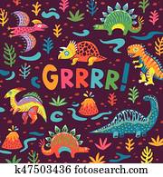 Ink origami dinosaurs with abstract colorful splash seamless pattern. Fun design for background, fabric, wrapping. Ink origami dinosaurs with abstract colorful splash seamless pattern. Fun design for background, fabric, wrapping.