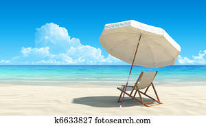 strandliege, und, schirmchen, auf, idyllisch, tropische, sandstrand strandliege, und, schirmchen, auf, idyllisch, tropische, sandstrand