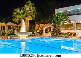 water, pool, en, fontijn, op de avond