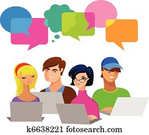 young people with speech bubbles and computers young people with speech bubbles and computers