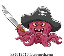 Angry octopus pirates cartoon holding sword Angry octopus pirates cartoon holding sword