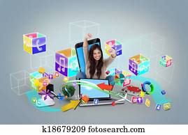 Cheering girl using laptop with app icons