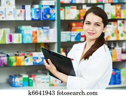 farmácia, químico, mulher, em, farmácia