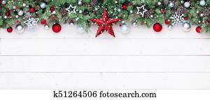 Fir Branches And Decoration On White Plank - Christmas Border Fir Branches And Decoration On White Plank - Christmas Border