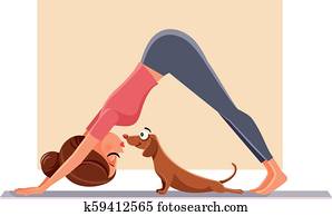 Funny Girl Exercising Next to Her Dog on Yoga Mat Funny Girl Exercising Next to Her Dog on Yoga Mat