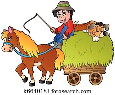 heuwagen, mit, karikatur, landwirt heuwagen, mit, karikatur, landwirt