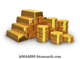 pilas, de, dorado, lingotes, y, pesos
