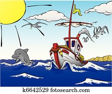 Ship leaving to fish, with dolphin Ship leaving to fish, with dolphin