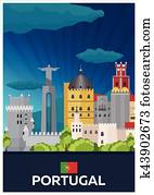 viagem, cartaz, para, portugal., vetorial, apartamento, illustration.