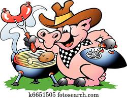 porca, sentando, e, fazer, bbq