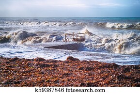 Sea storm. Waves on the sea near seacoast.