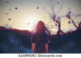 אישה, עם, פצח, בצע, ב, שלה, גוף, להסתכל, ה, עלית שמש