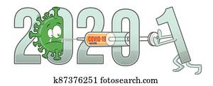 ראש שנה, מ, 2020, ל, 2021, טקסט, עם, covid-19, ציור היתולי, ו, תרכיב, ., וקטור, דוגמה