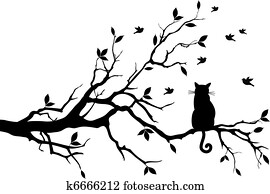 katz, auf, a, baum, mit, birds,, vektor katz, auf, a, baum, mit, birds,, vektor