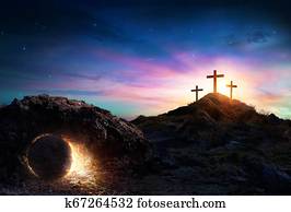resurrección, -, tumba, vacío, con, crucifixión, en, salida del sol