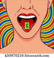 Stamp with LSD drug on tongue pop art vector Stamp with LSD drug on tongue pop art vector
