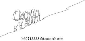 Continuous one line drawing group of four people hiking Continuous one line drawing group of four people hiking