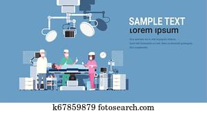 mélange, course, chirurgiens, équipe, entourer, patient, mensonge, sur, opération, table, pendant, chirurgie, monde médical, ouvriers, dans, opération, salle, horizontal, espace copy, arrière-plan bleu, longueur pleine