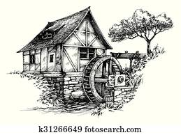 Old water mill sketch Old water mill sketch
