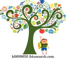 apoie escola, -, árvore, com, educação, ícones