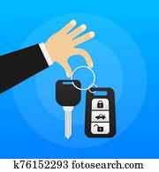Banner of Rent auto service. Trading cars and rental cars. Web Site, Advertising like Hand and Key. Vector illustration.
