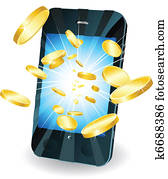 Gold coins flying out of smart mobile phone Gold coins flying out of smart mobile phone