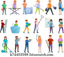 Housekeeping icons set, cartoon style Housekeeping icons set, cartoon style