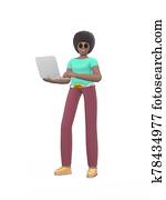 jung, heiter, negerin, posieren, mit, a, laptop, in, sie, hands., positiv, zeichen, in, beiläufig, gefärbt, kleidung, freigestellt, auf, a, weiß, hintergrund., lustig, glücklich, karikatur, mann, schueler, teenager, minimal, style., 3d, rendering.