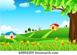Paisaje, hermoso, flores, caricatura Clip Art | k17900336 | Fotosearch