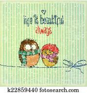 retro, illustration, med, glatt par, fåglar, in, vinter, och, uttryck, "life, är, beautiful"