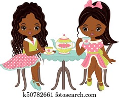 Vector Cute Little African American Girls Having Tea Vector Cute Little African American Girls Having Tea
