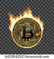 crypto, 통화, bitcoin, 황금, 상징, 불에