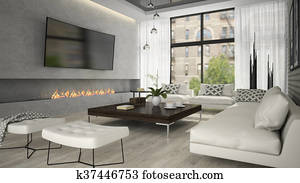 Interior of living room with stylish fireplace 3D rendering Interior of living room with stylish fireplace 3D rendering