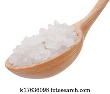 Mineral salt in wooden spoon isolated on white background cutout