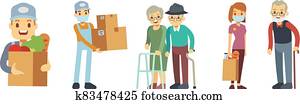 Delivery services. Volunteering, food store courier with box and packaging. People delivering grocery to old man woman. Contactless service, charity or social help vector illustration