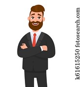 Portrait of smiling confident businessman in black formal wear with arms crossed isolated in white background. Emotion and body language concept in cartoon style vector illustration. Portrait of smiling confident businessman in black formal wear with arms crossed isolated in white background. Emotion and body language concept in cartoon style vector illustration.