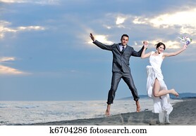 romántico, boda playa, en, ocaso