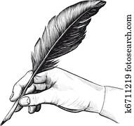 drawing of hand with a feather pen drawing of hand with a feather pen