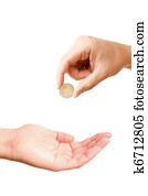 Hand giving coin to asking hand