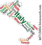 Italy map and words cloud with larger cities Italy map and words cloud with larger cities
